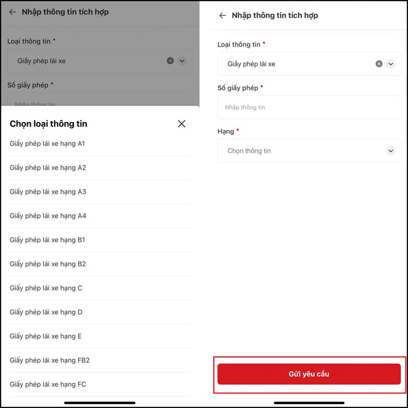 Bước 3: Điền đầy đủ thông tin như số giấy phép hay giấy phép lái xe, hạng của giấy phép lái xe vào nhé > Nhấn Gửi yêu cầu và đợi kết quả trả về là bạn đã có thể tích hợp giấy tờ vào VNeID xong rồi đó. Tùy theo tình trạng hồ sơ mà quá trình xét duyệt sẽ nhanh hoặc lâu, nhưng trung bình là từ 1 đến 3 ngày. Bước 3: Điền đầy đủ thông tin như số giấy phép hay giấy phép lái xe, hạng của giấy phép lái xe vào nhé > Nhấn Gửi yêu cầu và đợi kết quả trả về là bạn đã có thể tích hợp giấy tờ vào VNeID xong rồi đó. Tùy theo tình trạng hồ sơ mà quá trình xét duyệt sẽ nhanh hoặc lâu, nhưng trung bình là từ 1 đến 3 ngày.