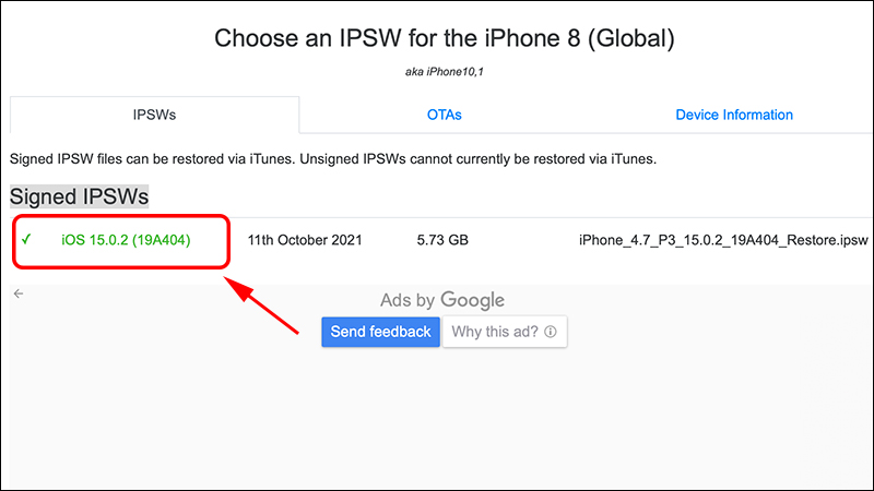 Phiên bản iOS được hạ cấp sẽ có màu xanh lá và đi kèm dấu tick Phiên bản iOS được hạ cấp sẽ có màu xanh lá và đi kèm dấu tick