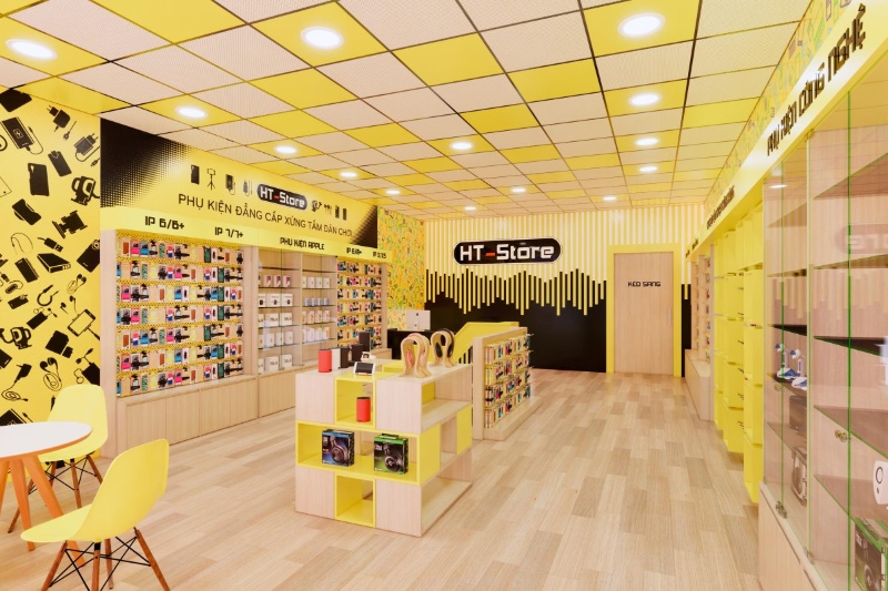 Showroom điện thoại sử dụng gam màu vàng bắt mắt Showroom điện thoại sử dụng gam màu vàng bắt mắt