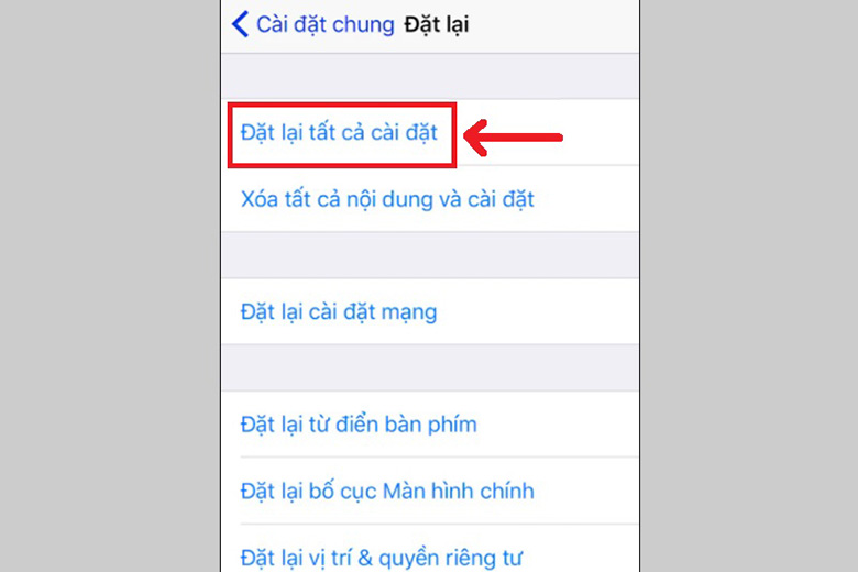 Đặt lại tất cả cài đặt trên iPhone